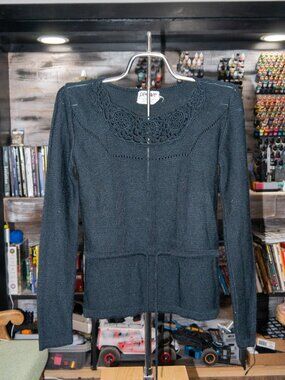 Vintage Penrose Black Crochet Lace Knit Sweater Long Sleeve 70s 80s